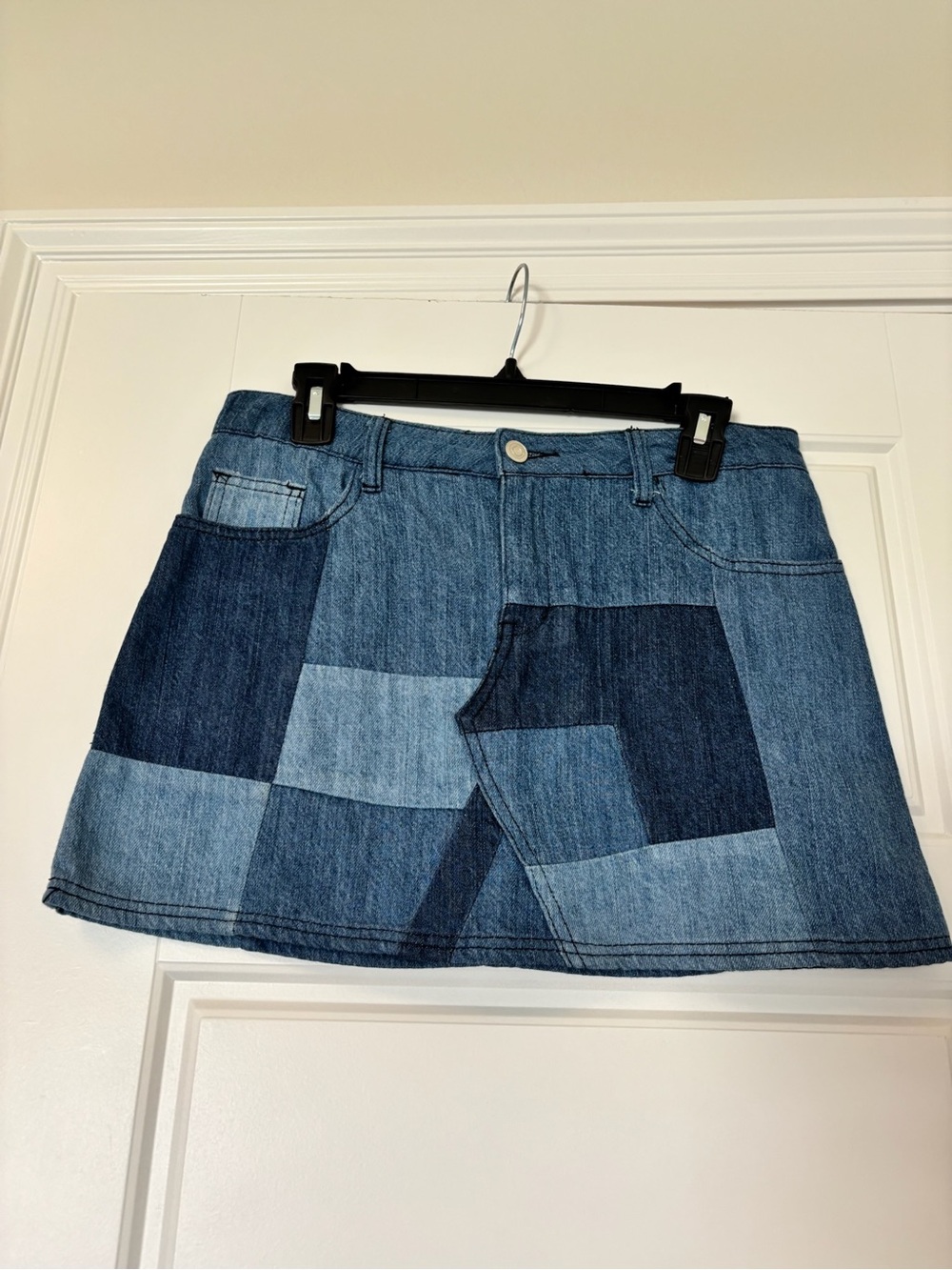 Gianni Bini Patchwork Denim Mini Skirt in Mixed Blue Tones